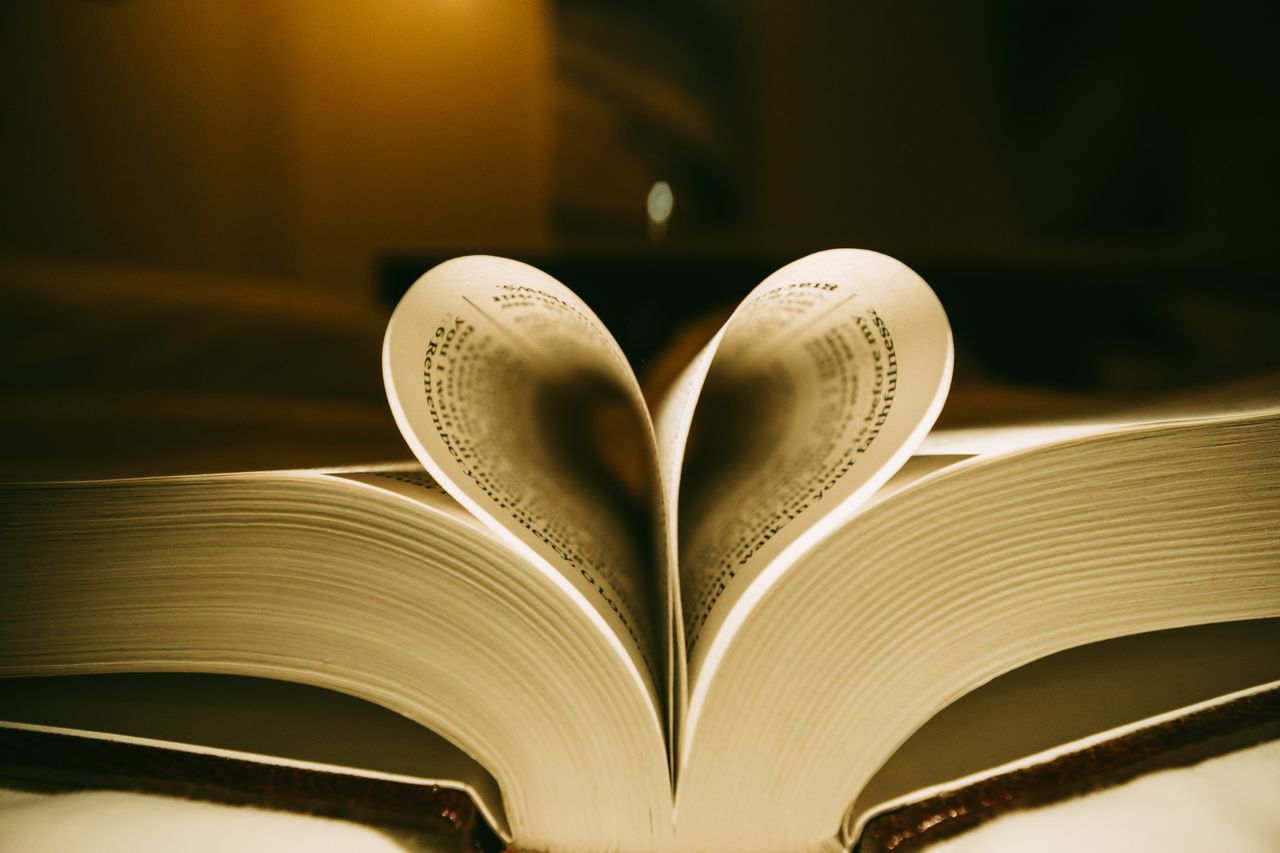 about-us-02 A creatively arranged book with pages forming a heart shape, illuminated by warm light, symbolizing love for reading.